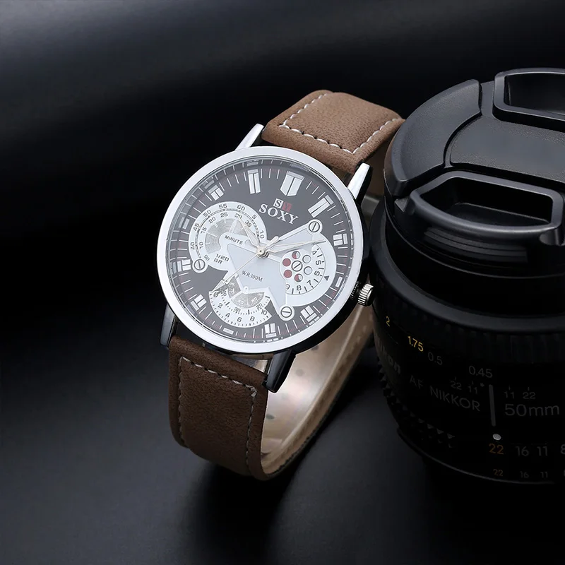 2019 Роскошные модные спортивные часы мужские кожаные кварцевые аналоговые