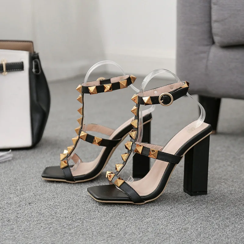 

Women Sandals Chunky Heels Design Rivet Decoration Square Open Toe Rivet High Heels Buckle Strap Rubber Height Increasing