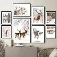 winter snow deer forest reed wood wall art canvas painting nordic posters and prints wall pictures for living room winter decor