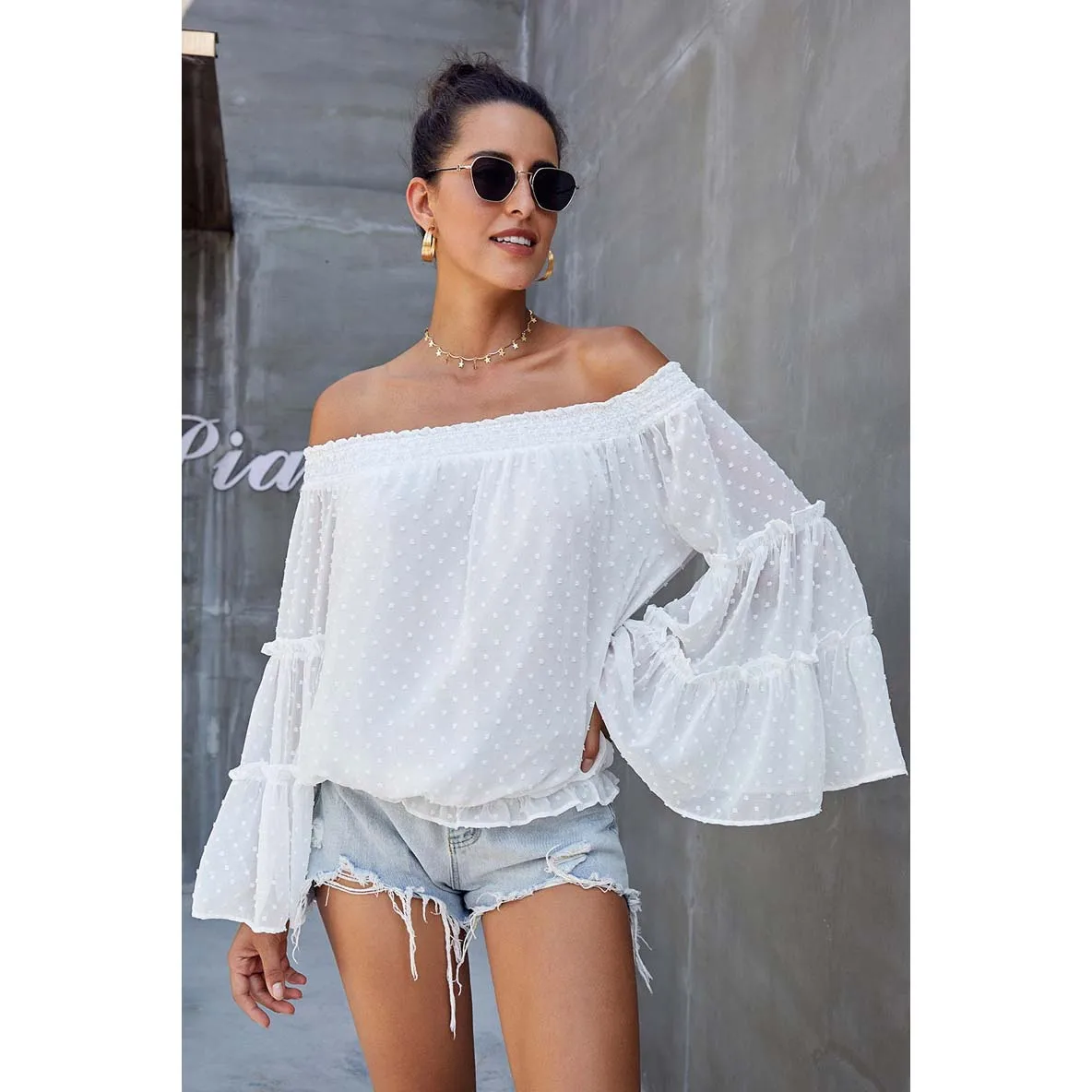 

2021 Women Top Sexy Blouse Off Shoulder Top Long Sleeve Club Party White Shirt Puff Sleeve Ruffle Tunic Crop Top Summer Tube Top