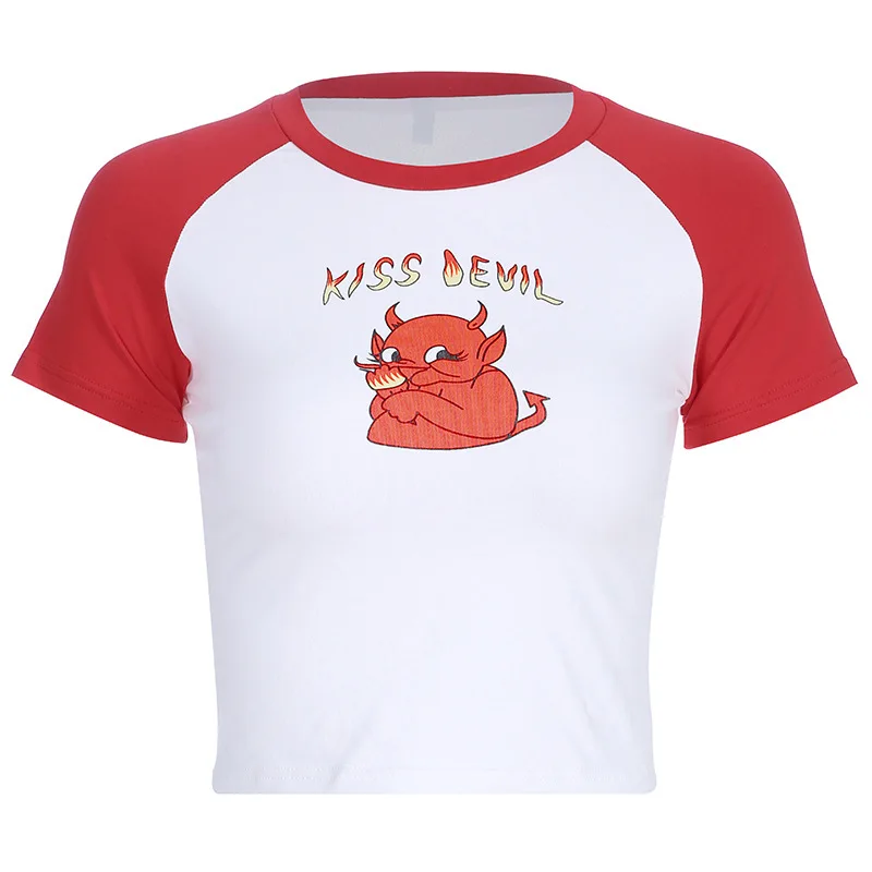 Женский короткий топ с принтом Kiss Devil в стиле Харадзюку летняя футболка коротким
