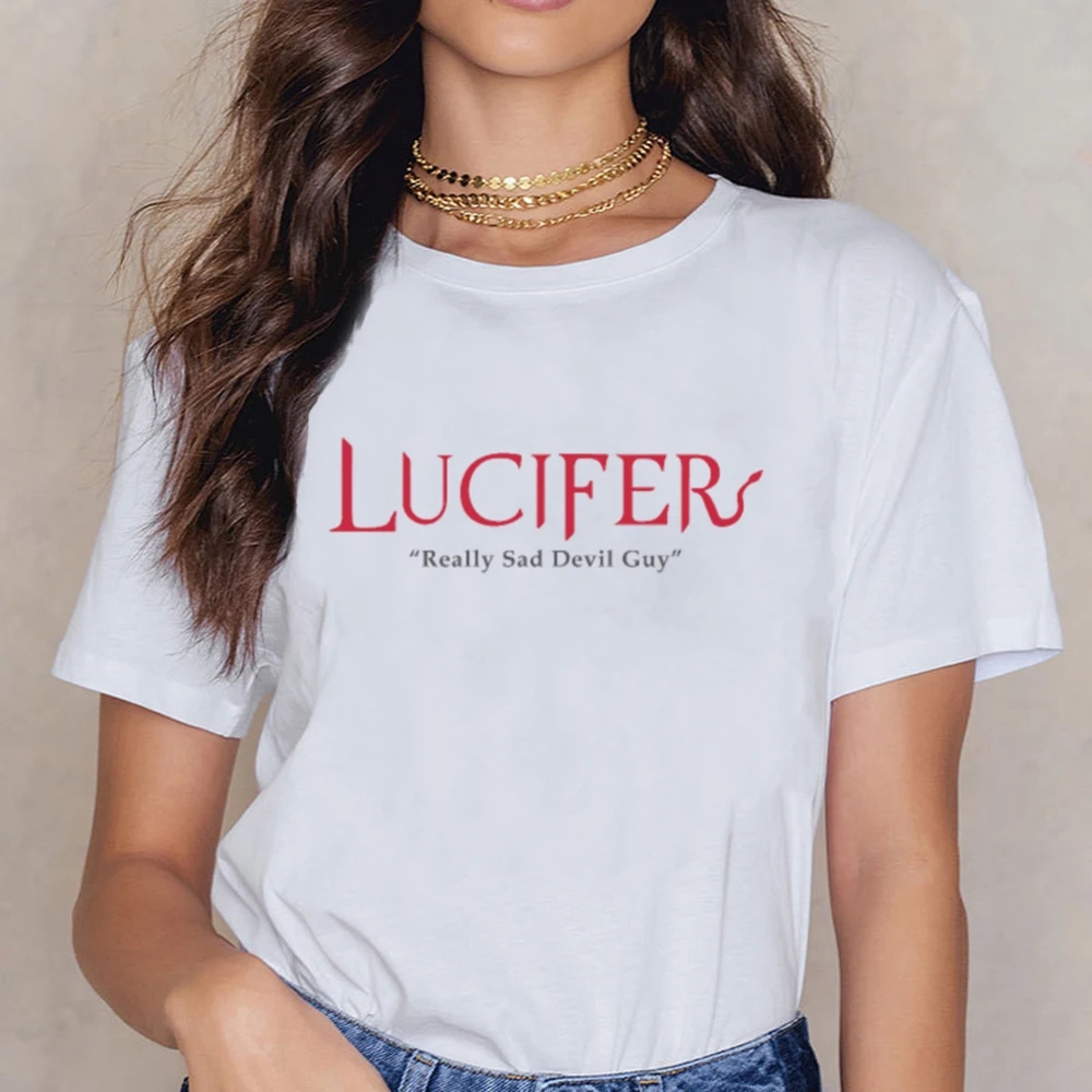 Топы футболка для женщин Lucifer действительно Sad Devil Guy s завязанные кавайные надписи