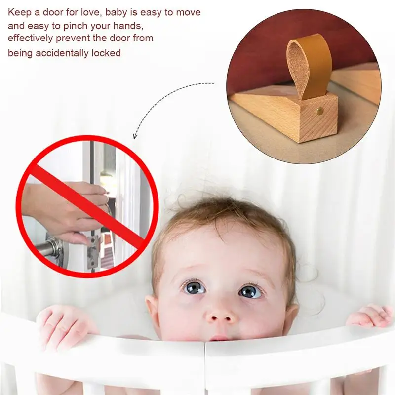 

Wood Door Stop Nonslip Baby Fingers Protector Heavy Duty Beech Door Stopper Wedge with Leather for Hanging Home Office