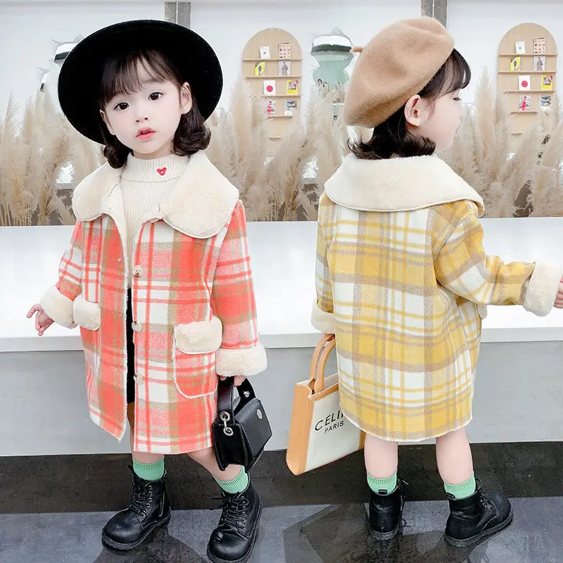 Hot Sale 2021 Fall Winter New Girls Thicken Long Plaid Woolen Jacket Children's Clothes Outerwear Kids Princess Woollen Coat X49 | Детская
