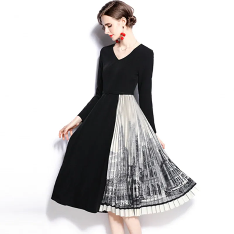 

Vintage Designers Women Print Patchwork Midi Pleated Knit Dresses Autumn Winter Fashion Hepburn Robe Femme Dress Vestidos