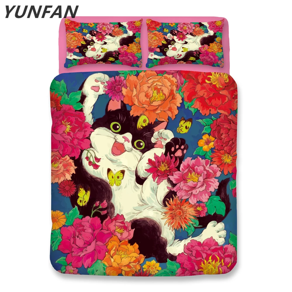 

Комплект постельного белья с изображением кота и цветов