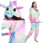 Пижама-Кигуруми для взрослых в виде единорога, зимняя фланелевая Женская одежда для сна для девочек, костюм радужной лисы, панды, аниме, косплей, пижама с капюшоном