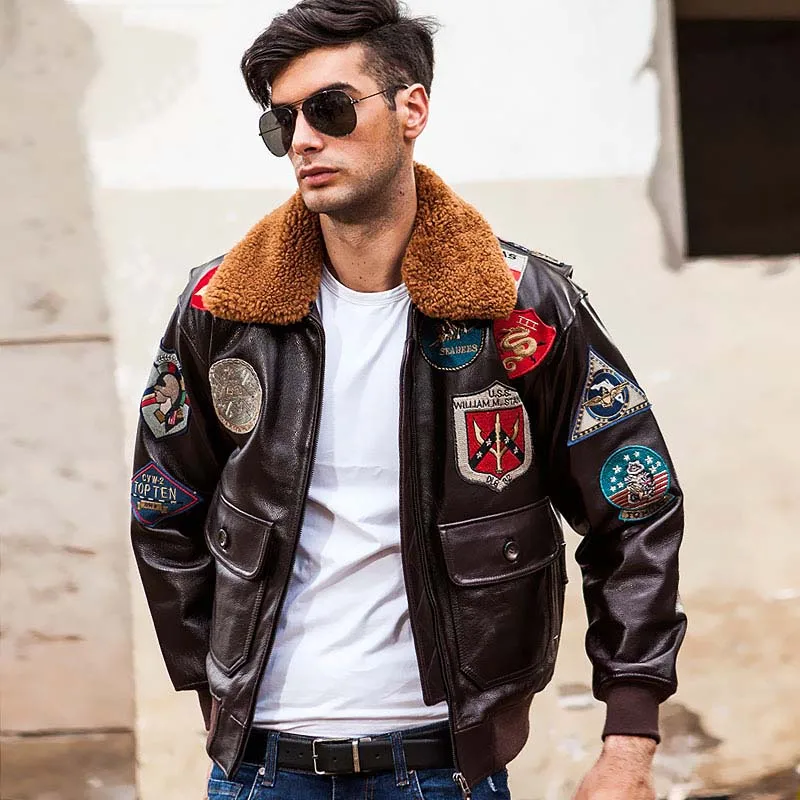 

Top Gun Pilot Jacket Genuine Leather Jacket Men's G1 Bomber Cowhide Jacket Removable Wool Collar Jacket
