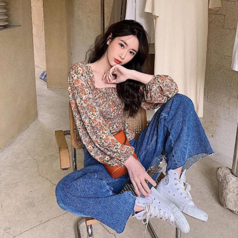 Винтажный буф деловой Набор Цветочная блузка французский с длинным