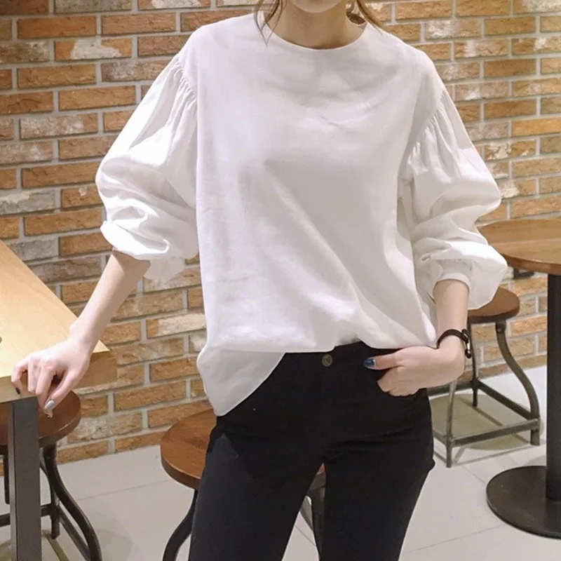 

Spring Causal Lantern Sleeve Solid Tops Women 2021 New Japanese Long Sleeve Plian T-Shirt Spring Loose Office Ladies White Tops