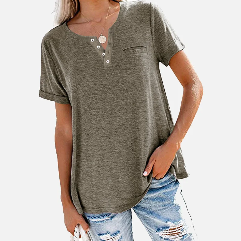 Однотонная женская футболка на пуговицах с круглым вырезом и длинными рукавами