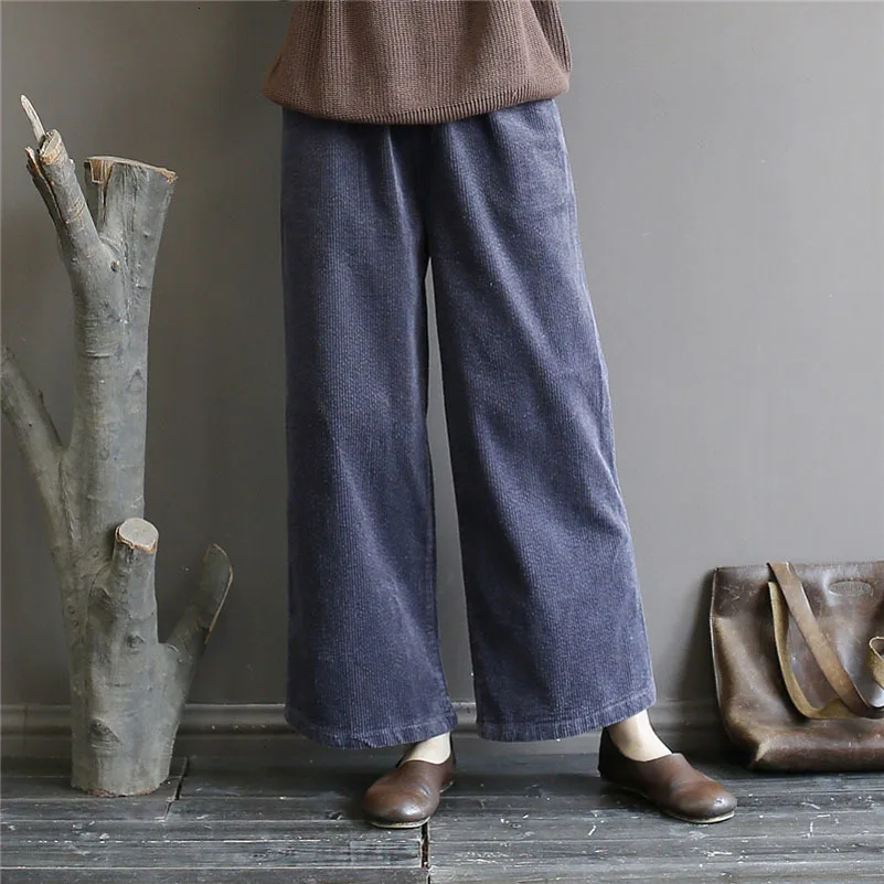 Женские повседневные вельветовые широкие брюки с эластичным поясом Весна Осень Новые сплошные Брюки с карманами Хлопковые женские свободные брюки