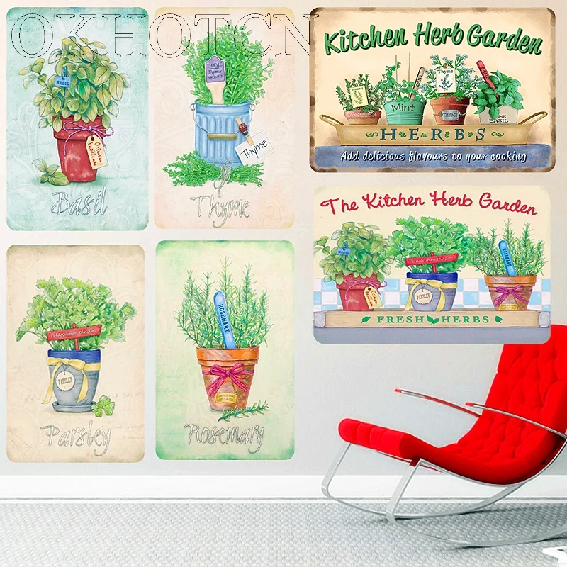 

Kitchen Herb Garden Vintage Metal Tin Signs Outdoor Decoration Plaque Basil Thyme Parsley Plates Wall Art Painting Home Decor