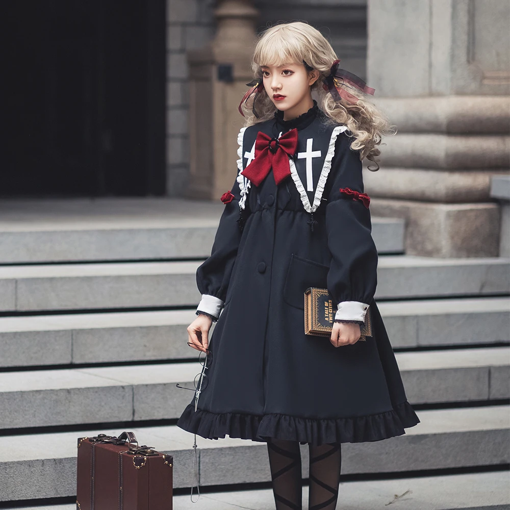 Melonshow Gothic Winter Coat Women Thicken Woolen Overcoat Female Woollen Long Coat Warm Ladies Lolita Dress Goth Outwear
