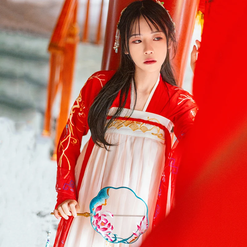 Женский Классический танцевальный костюм Hanfu с красной вышивкой фольклорное