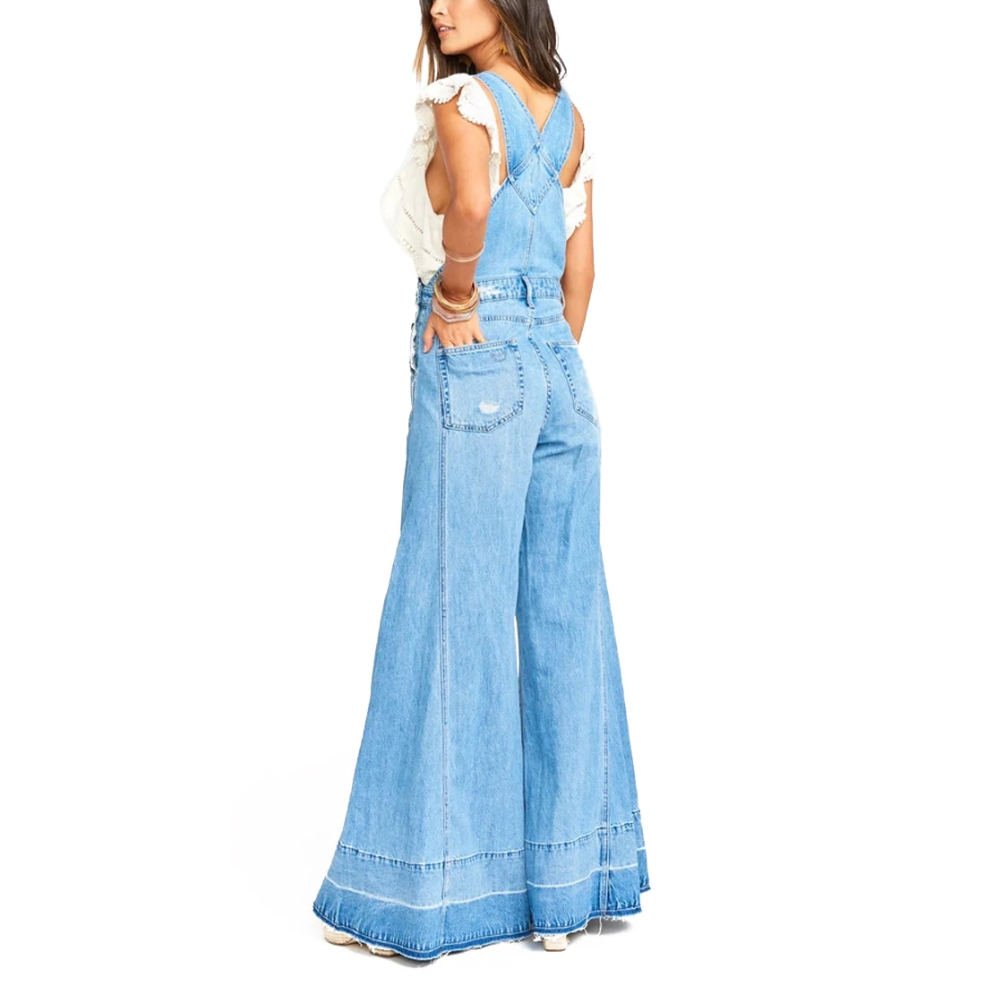 

2020 Women Jumpsuit Women Fashion Sleeveless Long Bodysuit Ladies Overalls Denim Jeans Romper Loose Pocket Wide Leg Pants