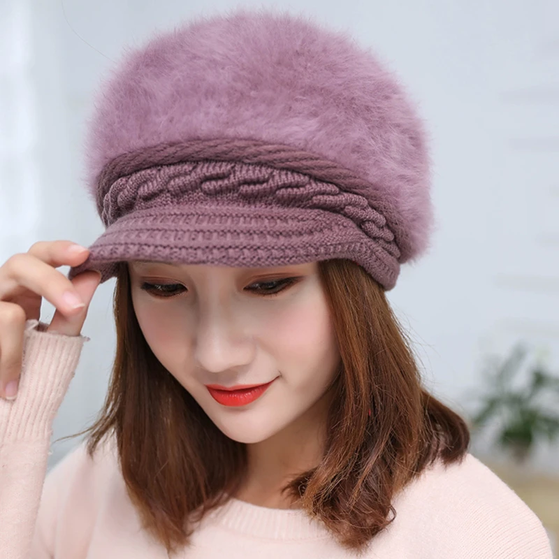 

New Style Casual Women Beret Hats Rabbit Hair Knitted Female Berets Winter Warm Cap Boina Feminina