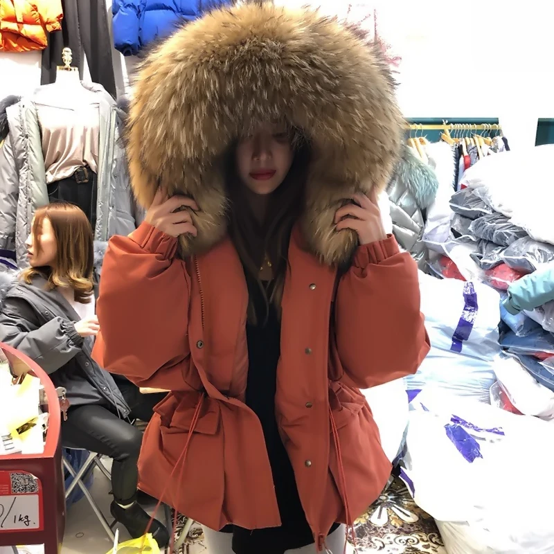 

Raccoon Fur Collar Hooded 2021 Short Female Winter Feather Down Coat Women 90% Duck Down Jacket Winter Puffer Parka