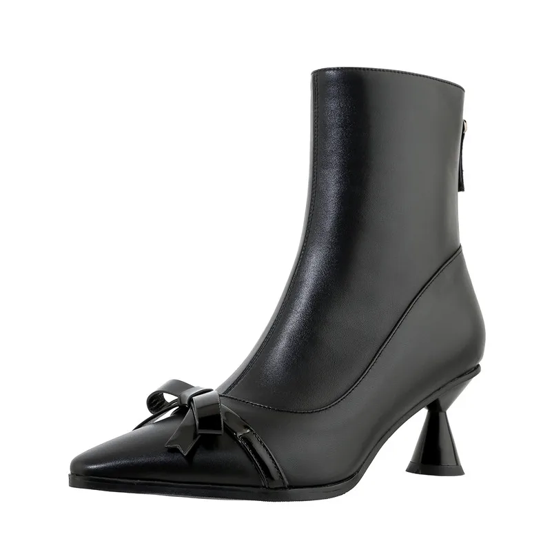 

FOREADA High Heel Ankle Boots Real Leather Pointed Toe Woman Boots Strange Style Heel Short Boots Bow Zip Female Shoes Beige 40