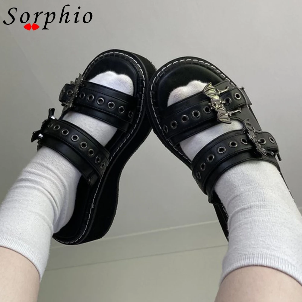 Sorphio Summer 2023 Double Strap Buckles  Platform Wedges Fashion Goth Slippers Hot Women's Metal Sandal For Comfy  Black Shoes