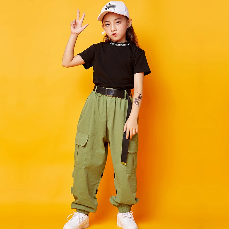 Children Jazz Dance Costumes Kids Black Tops Green Pants Outfit Hip Hop Clothing For Girls Street Dance Performance Wear SL1972