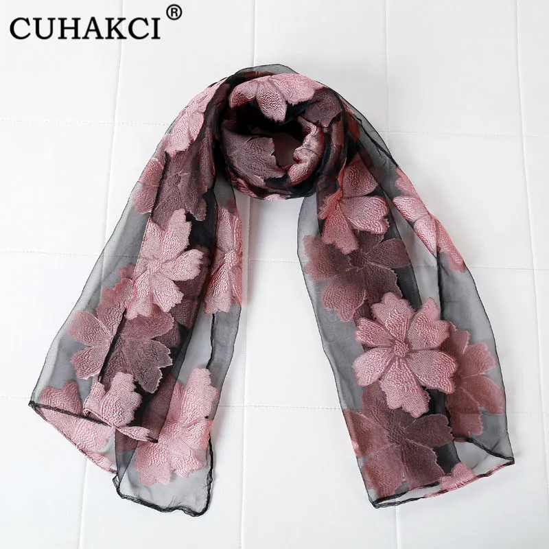 Женский шарф из органзы CUHAKCI Роскошный шелковый длинная шаль с листьями модные