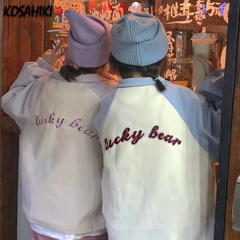 

KOSAHIKI Cute Jacket Autumn New Style Japanese Cartoon Bear Coat Soft Girl Color Matching Embroidery Loose Sweet Jackets
