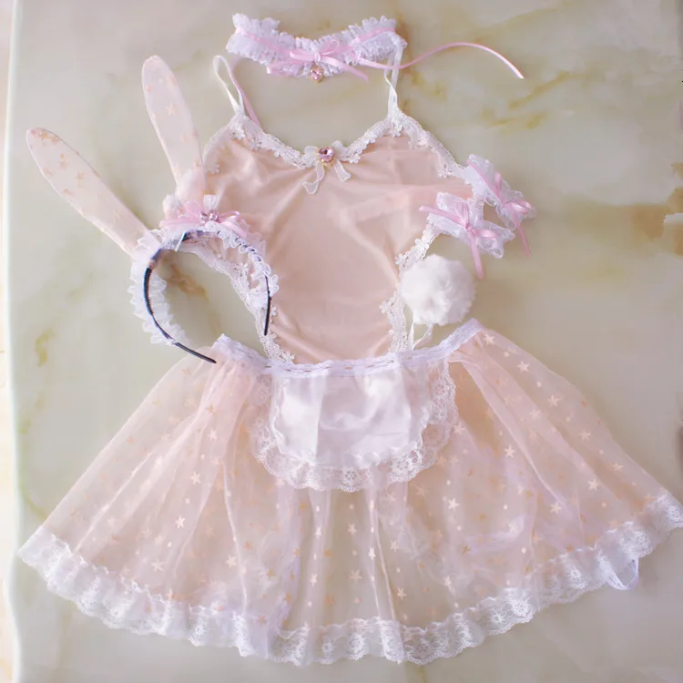 

Sexy Cute Girls Women's Pink Bunny Maid Transparent Exotic Set Kawaii Cosplay Rabbit Ears Tail Necklace Apron Lingerie Babydoll