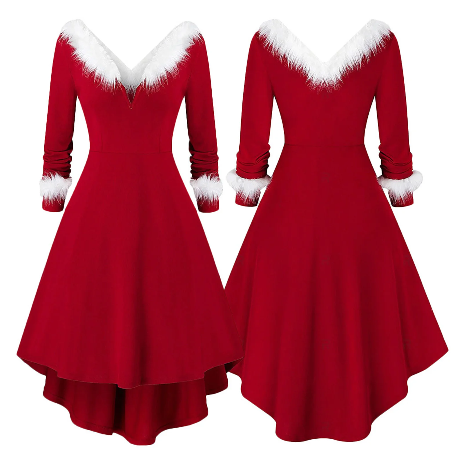 

Female Christmas Long Sexy Sleeve With Medium-red Cleavage Swing Dress White Stuffed Garnish Plied Asymmetrical Party Holy