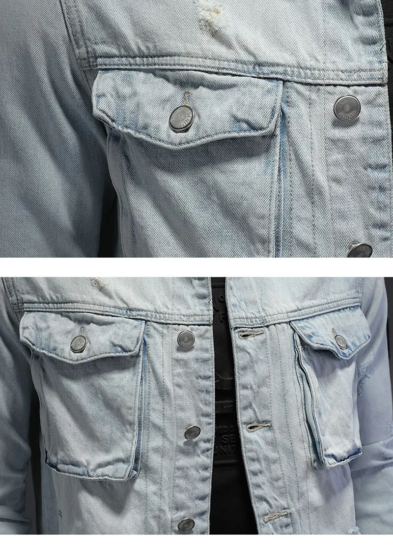 Мужская джинсовая куртка бомбер синий рваный светильник Повседневная Верхняя