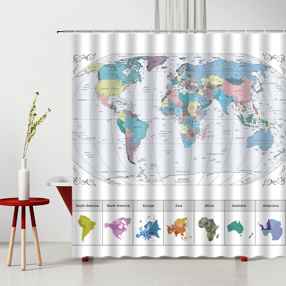 

Shower Curtain World Map Pattern 3D Printing Washable Fabric With Hooks Bathroom Decor Set Bath Hanging Curtains Multiple Size