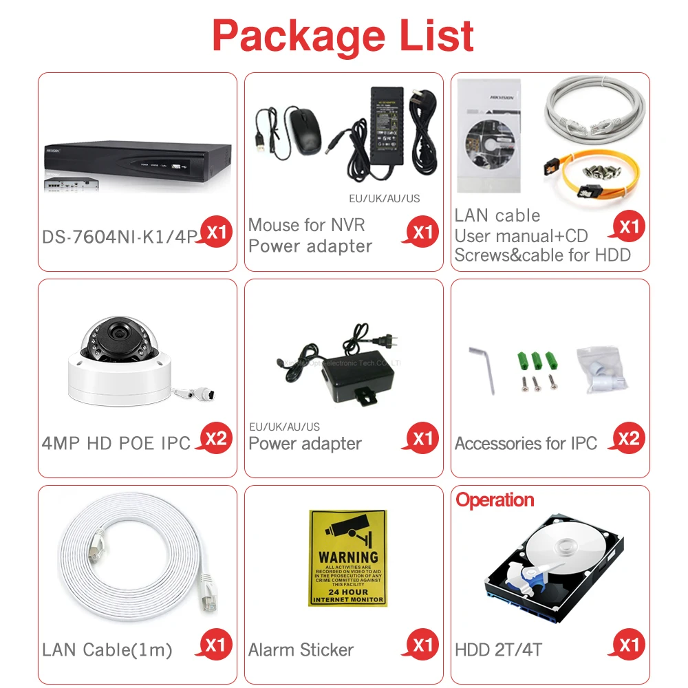 

4CH CCTV System 2PCS Ultra 4MP Outdoor Security POE Camera with Hikvision 4 POE NVR DS-7604NI-K1/4P DIY Video Surveillance Kits