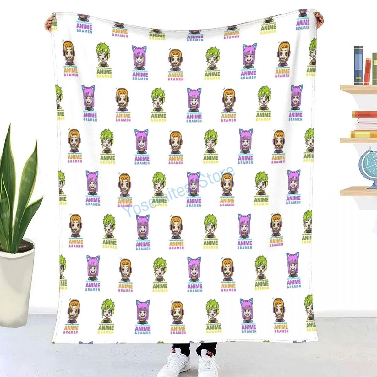 

Just A Girl Who Loves Anime And Ramen Pattern Green Orange Purple Funny Throw Blanket Winter flannel bedspreads, bed sheets