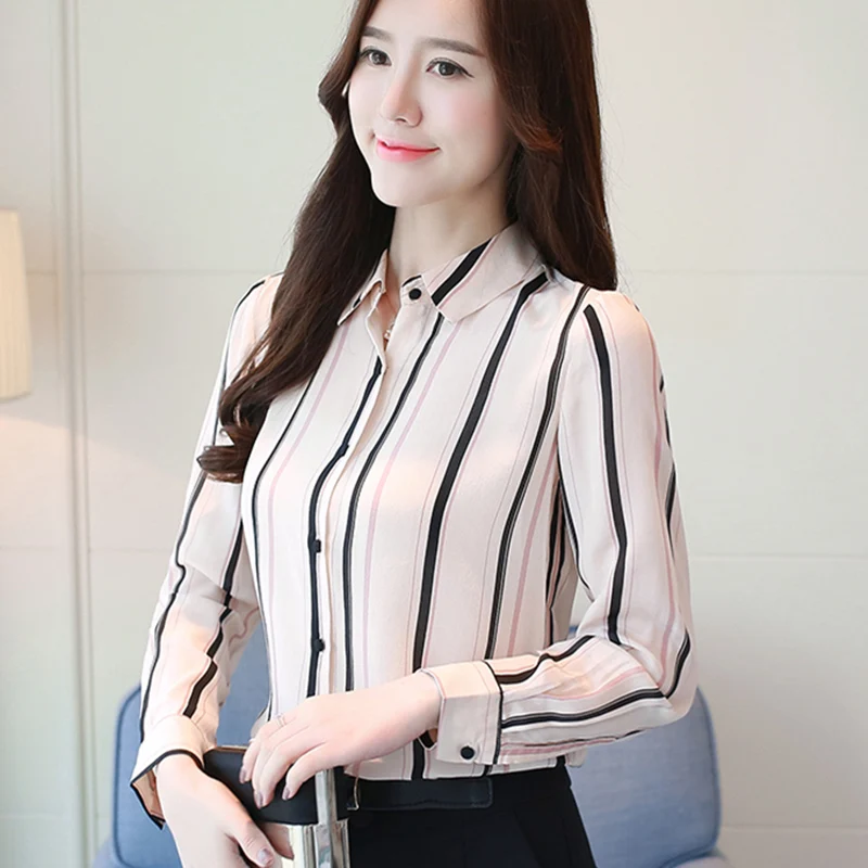 Корейские модные шифоновые женские блузки с длинным рукавом в полоску Женские