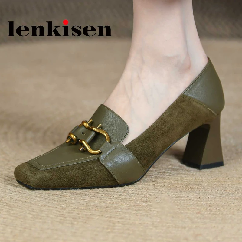 

Lenkisen 2022 Весенняя натуральная кожа квадратный носок высокий каблук металлические украшения Три цвета красивая женская уличная одежда женск...