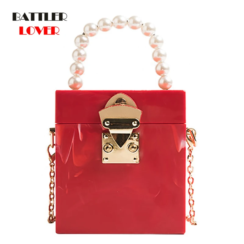 

Candy Color Acrylic Box Design Beading Party Evening Crossbody Bag for Women 2021 Shoulder Chain Totes Fashion Purse and Handbag