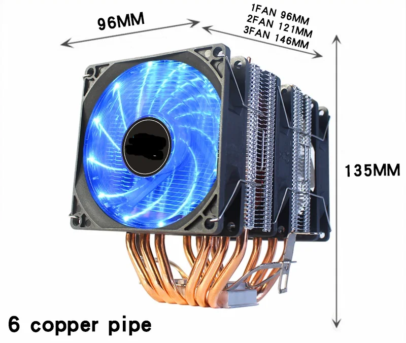 6 heat pipe CPU cooler Fan cooling 4pin led 2000PWM For lga 115x 1356 1366 fm2 am3 am4 x79 x99 2011 Cpu Processor Fans heat sink