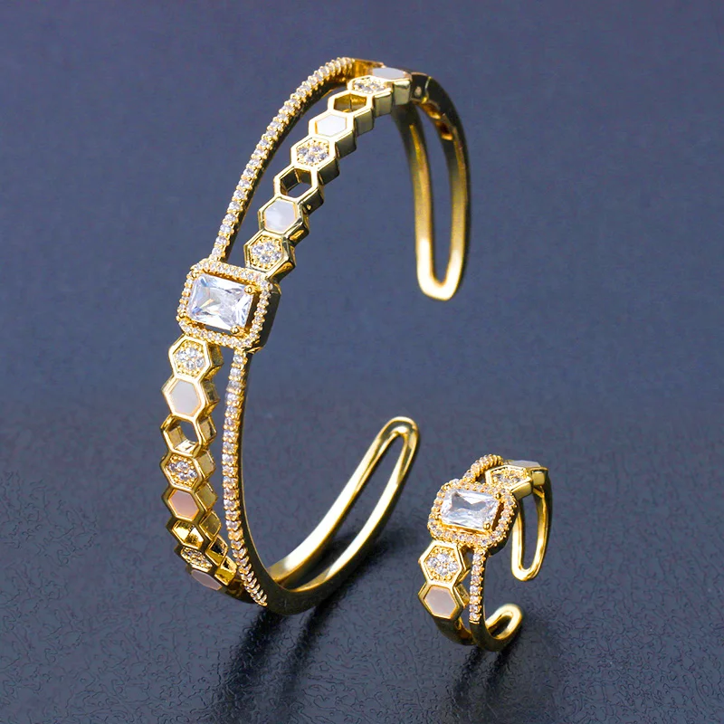 

Luxury Unique African Bracelet Bangle Ring Sets For Women Wedding Cubic Zircon Crystal CZ Dubai Bridal Jewelry Sets