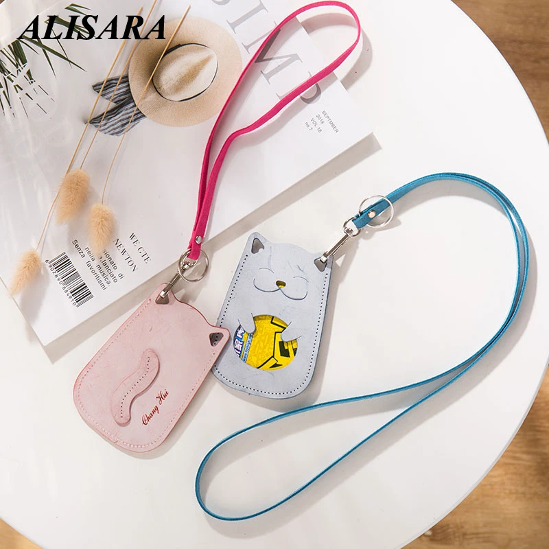 

Japan badge case rope lanyard work CardS access control The first layer of cowhide bus card holder Student campus Cat card set