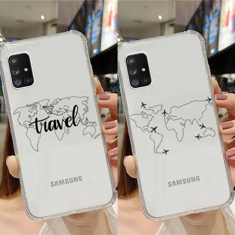 

travel Airplane world map line Phone Case Transparent For Samsung Note A 7 8 9 10 20 50 51 71 90 20 11 81 e LITE Ultra PRO
