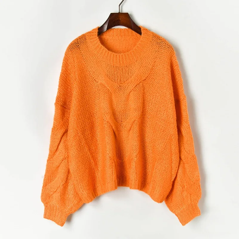 Women Mohair Pullover Sweater Lazy Wind Cable Knit 2019 Autumn Winter Lantern Sleeve Orange Oversized Jumper | Женская одежда