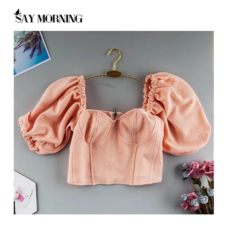 Женский укороченный топ с пышными рукавами SAY MORNING Розовый Повседневный короткий