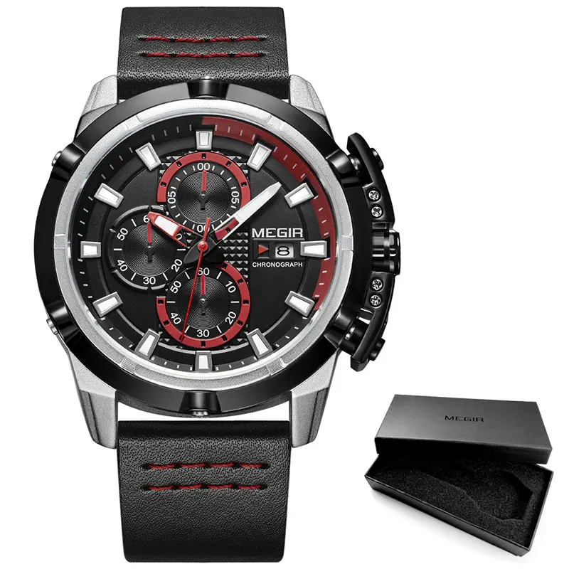 ML2062G-Black MEGIR гоночная серия хронограф кварцевые часы для мужчин модный кожаный ремешок водонепроницаемые аналоговые наручные часы fro Man 2062BKBN - Цвет: ML2062G-Black