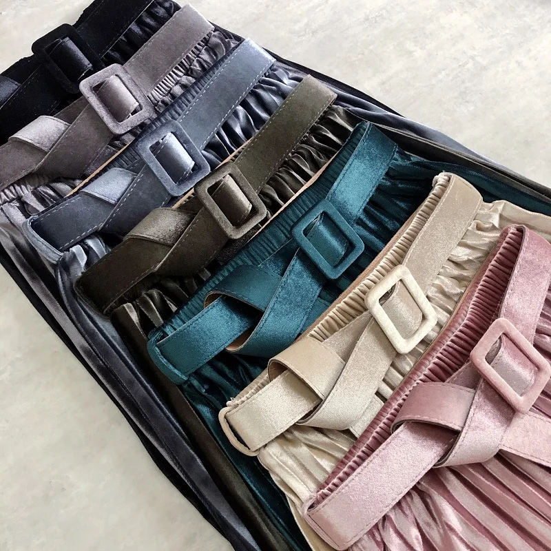 Женская плиссированная юбка средней длины с поясом бархатная офисная до