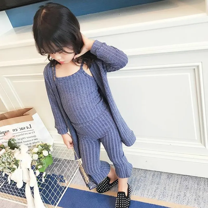 

2021 Spring New Arrival Kids Clothes Set For 2-7Yrs Girls 3PC Suit Outfit Knitting Cardigan Jacket+Sling Vest+Skinny Flare Pant