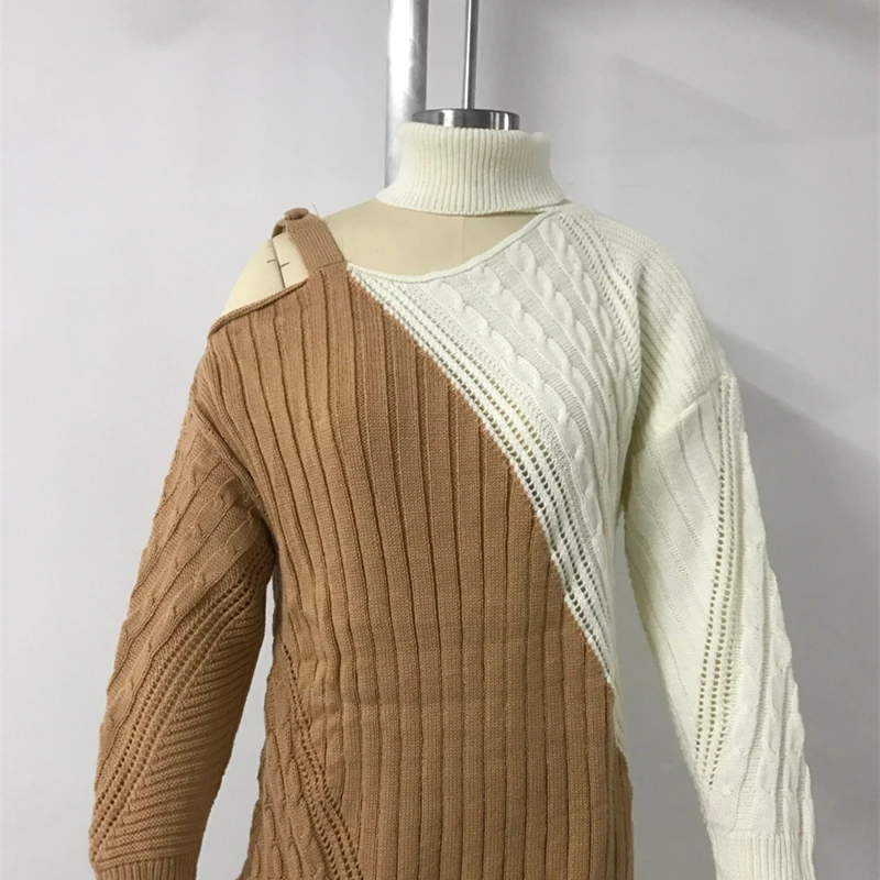 

Mandylandy Women's Autumn Winter Off Shoulder Turtleneck Sweater Pullovers Top Lady Hollow Out Knitted Twisted Sweaters Knitwear