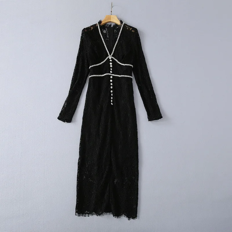 

European and American women's clothing spring 2021 new Long sleeve v-neck beaded lace Fashion Black Dress