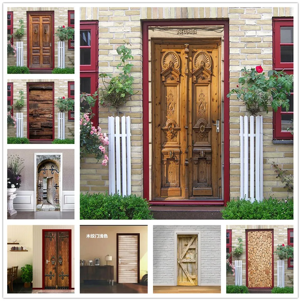 Винтажные Деревянные Настенные 3D обои для дверей самоклеящиеся