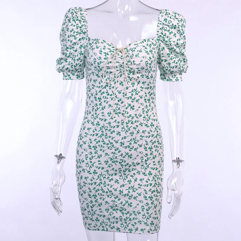 

Square Collar Summer Dress Women Flowers Short Sleeve Low Cut Mini Dress Sexy Slim Bodycon Sheath Dress Female Vestido