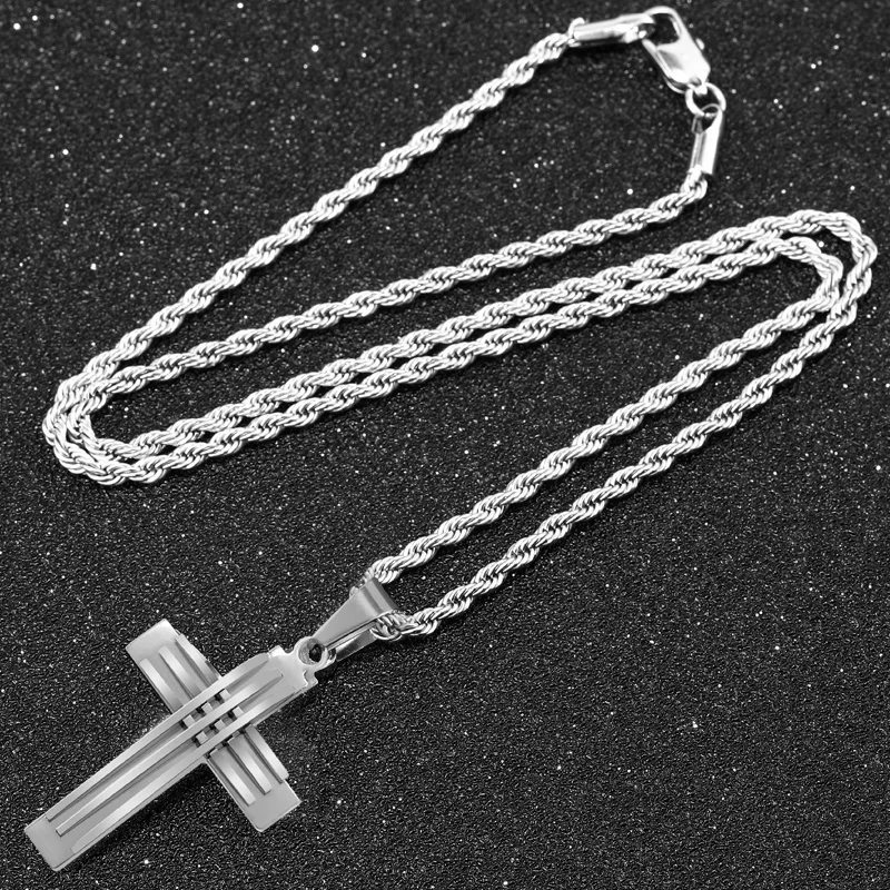 

Retro Christian Jesus Simple Gold Silver Color Stainless Steel Cross Necklace For Men Stripe Prayer Choker Pendant Necklace